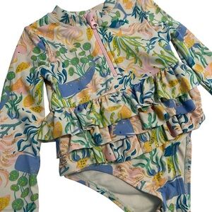 Tommy Bahama 24M Girls Rashguard Swimsuit | Whales Ruffles UPF 50+